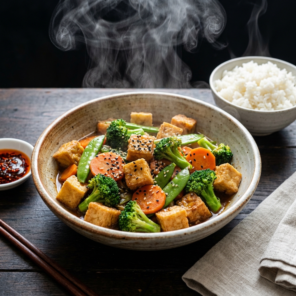 Wok de Verduras con Tofu Crujiente